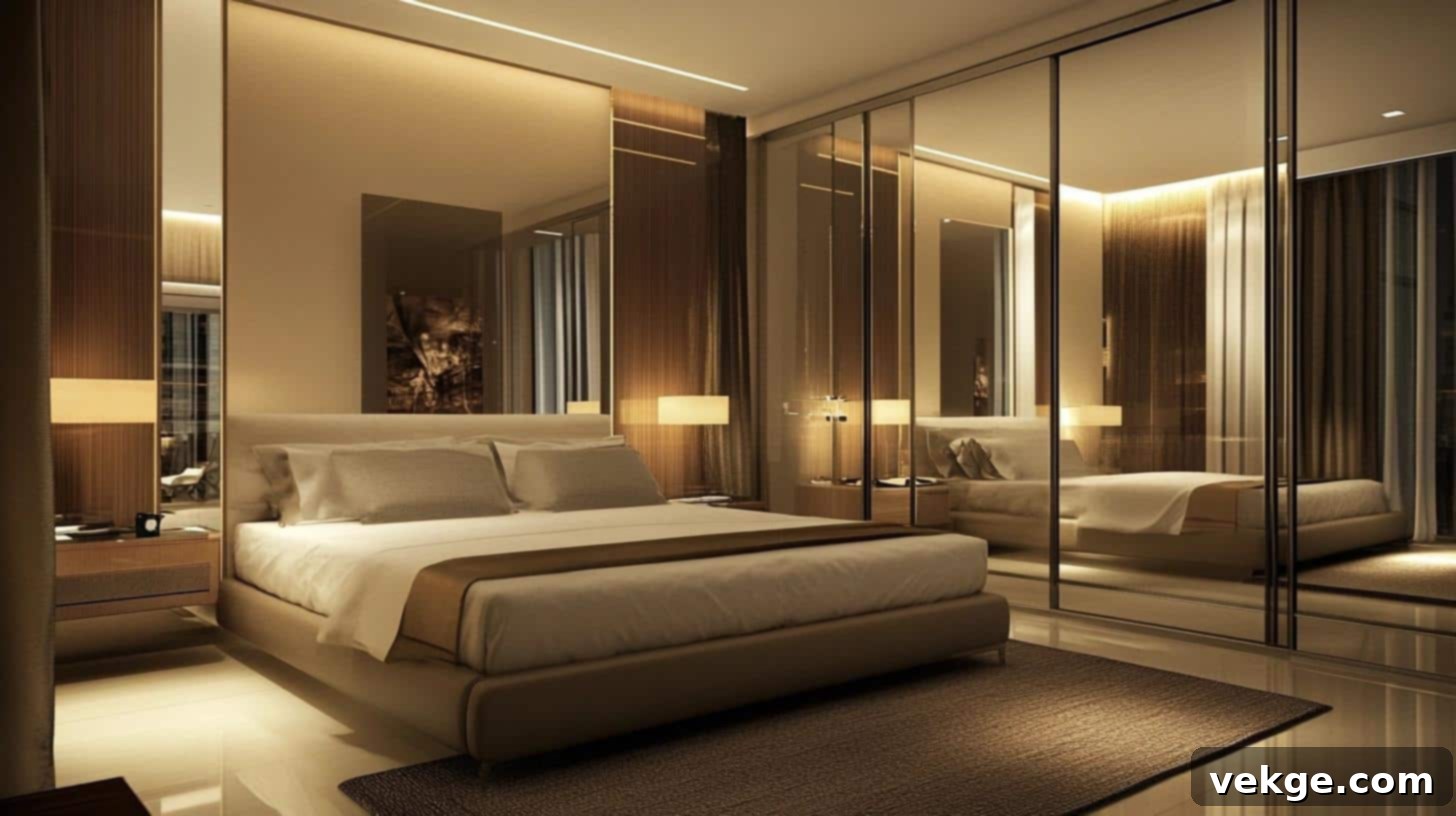 Mirrored closet doors creating an illusion of larger space in a small bedroom
