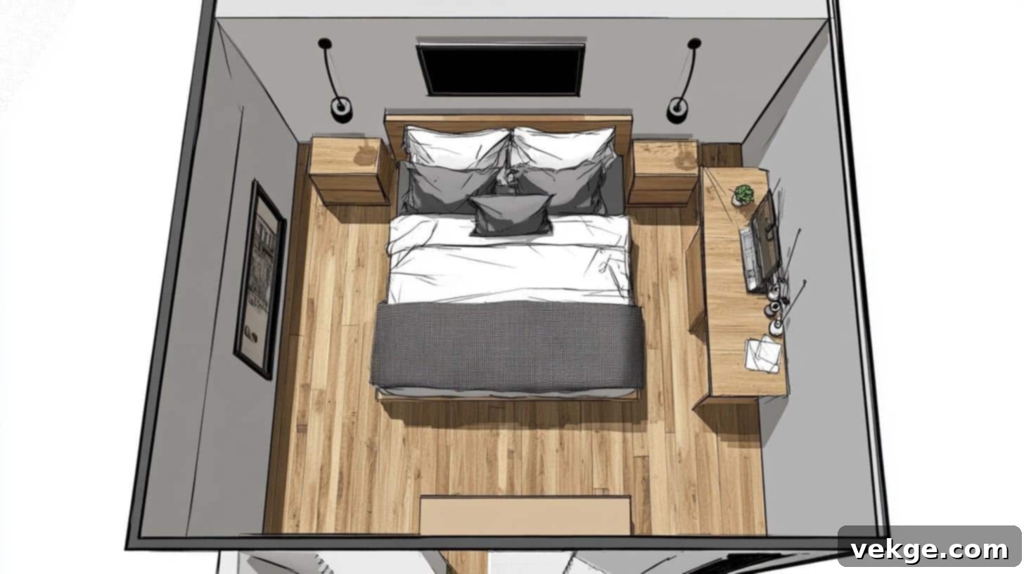 Clever Hacks for a King Bed in a Tiny Bedroom 13 Small bedroom layout for a 10x10 room with king bed and floating shelves