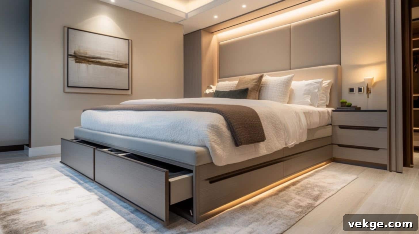 Stylish platform bed with built-in hidden drawers for storage