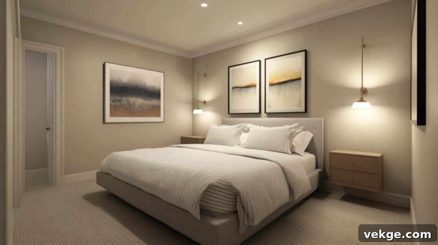 Bedroom with wall-mounted lighting sconces next to bed, saving floor space
