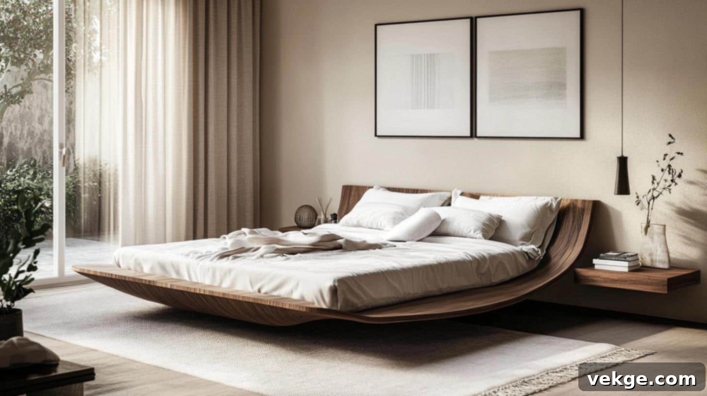 Minimalist floating bed frame design creating an airy feel in a small bedroom