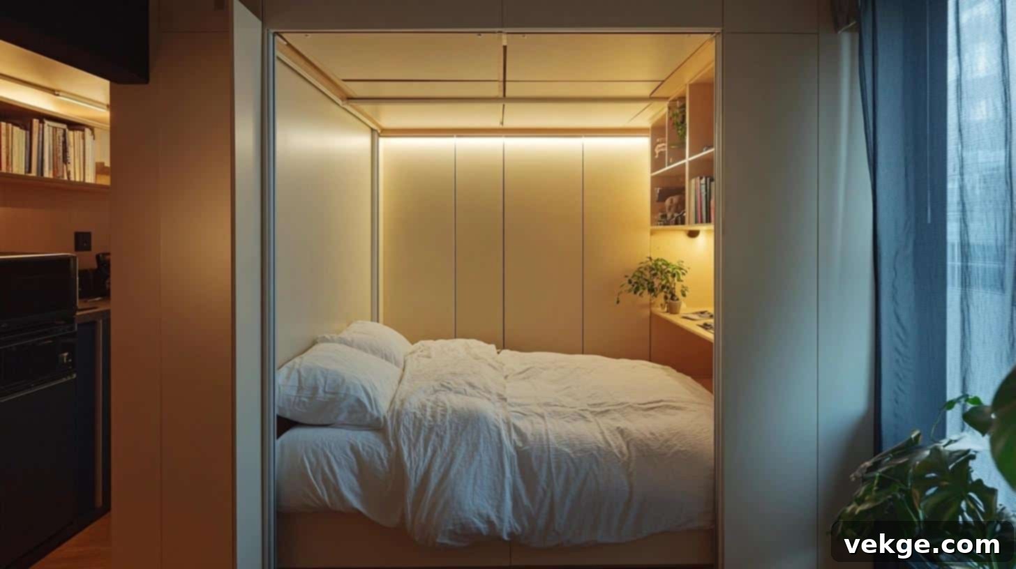 Sliding partition behind a bed to create flexible space in a small room