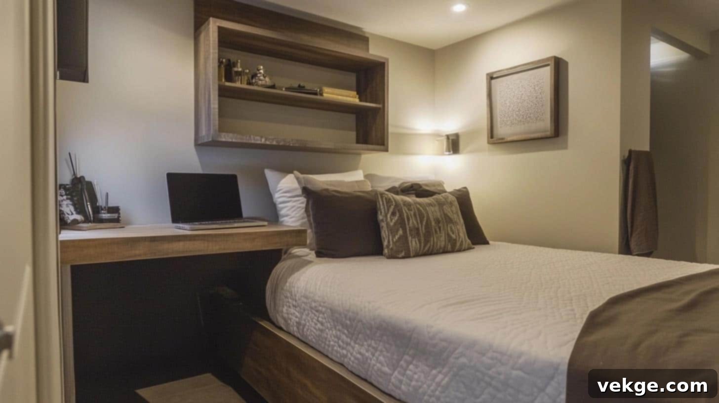 Built-in narrow desk at the foot of a king size bed for maximizing space