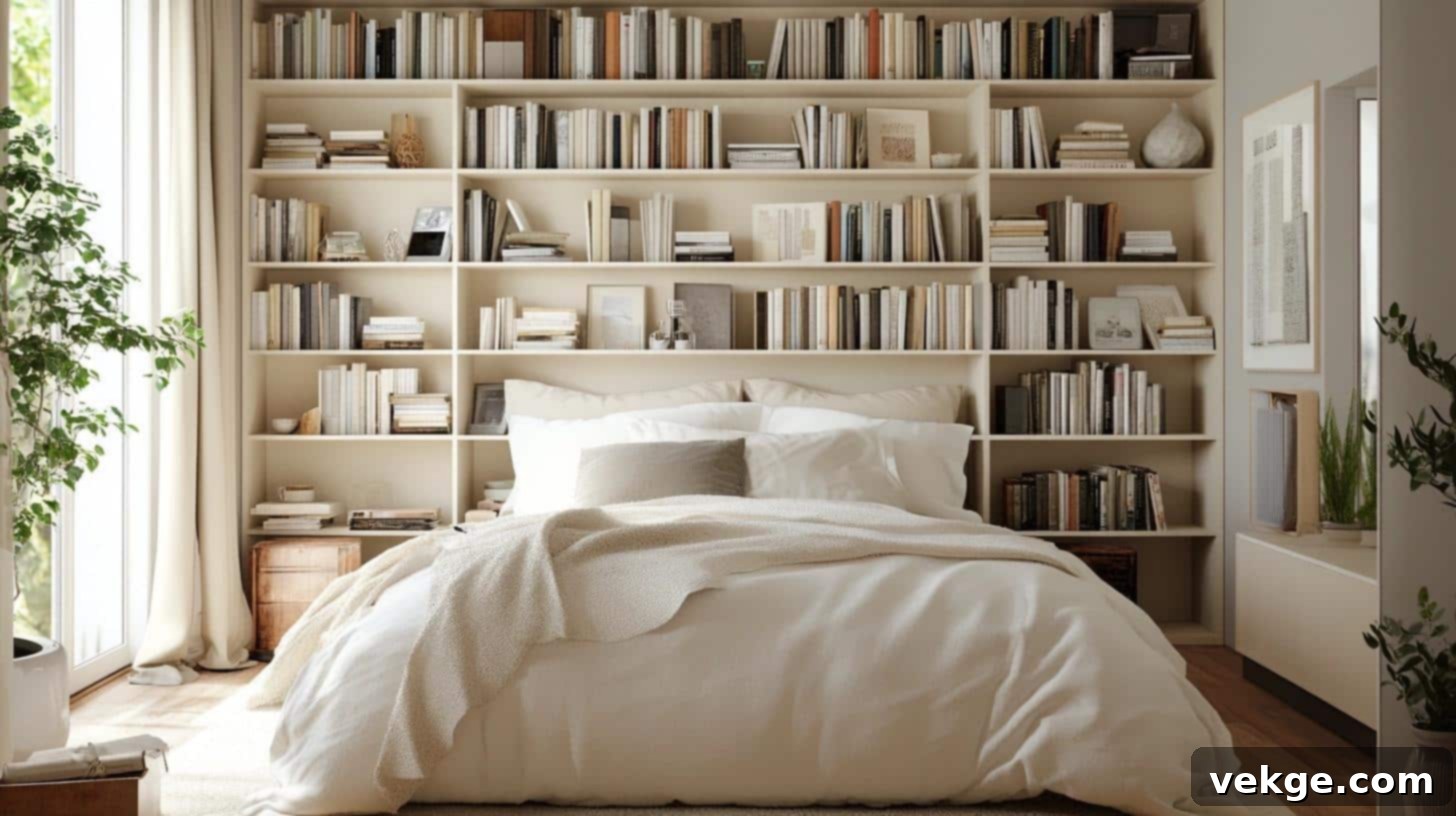Floor-to-ceiling shelves serving as a headboard and storage in a small bedroom