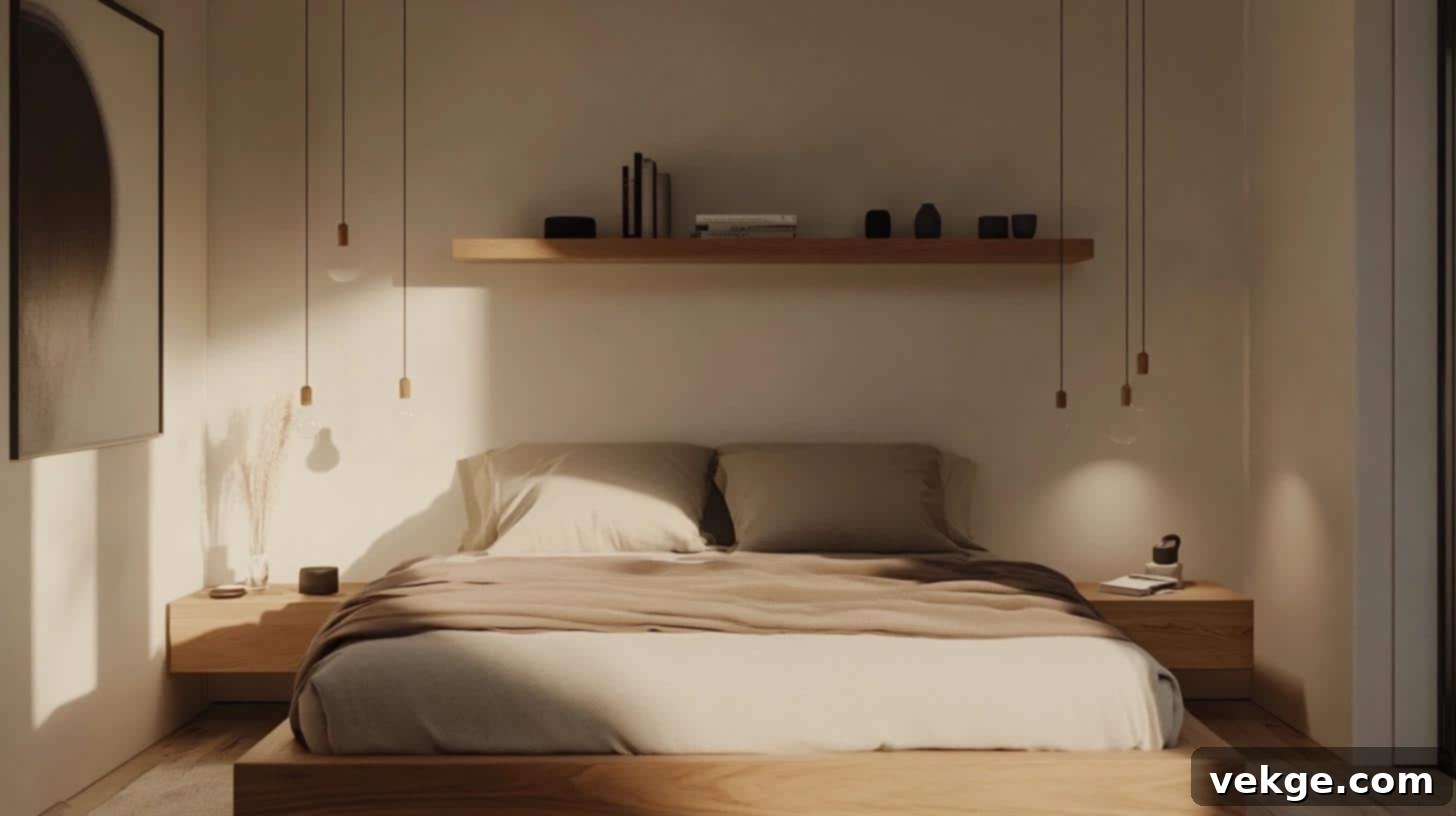 Hanging nightstands replacing traditional bedside tables to save floor space
