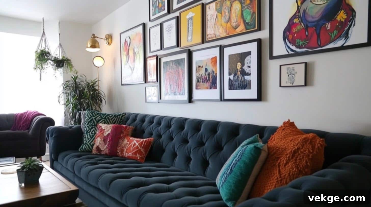 Eclectic Gallery Wall in Living Room with Varied Art