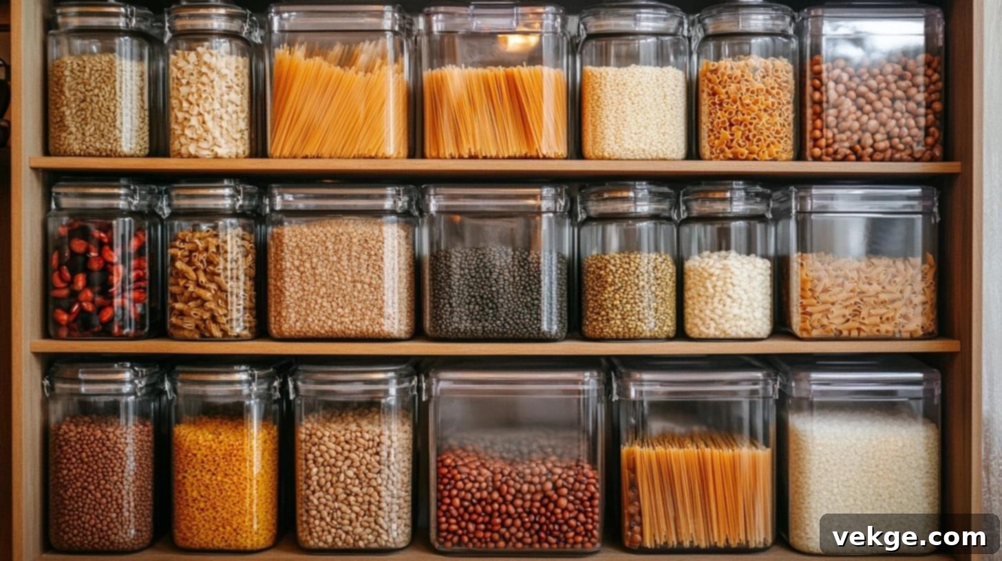 Variety of clear jars and square bins for pantry organization, neatly stacked and labeled.