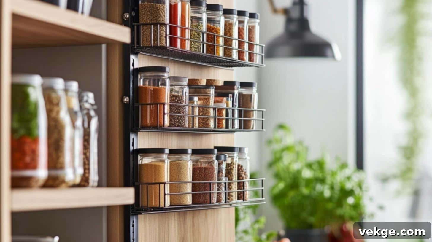 Pantry door with thin shelves, clip-on baskets, and magnetic strips for spices and small items to maximize storage.