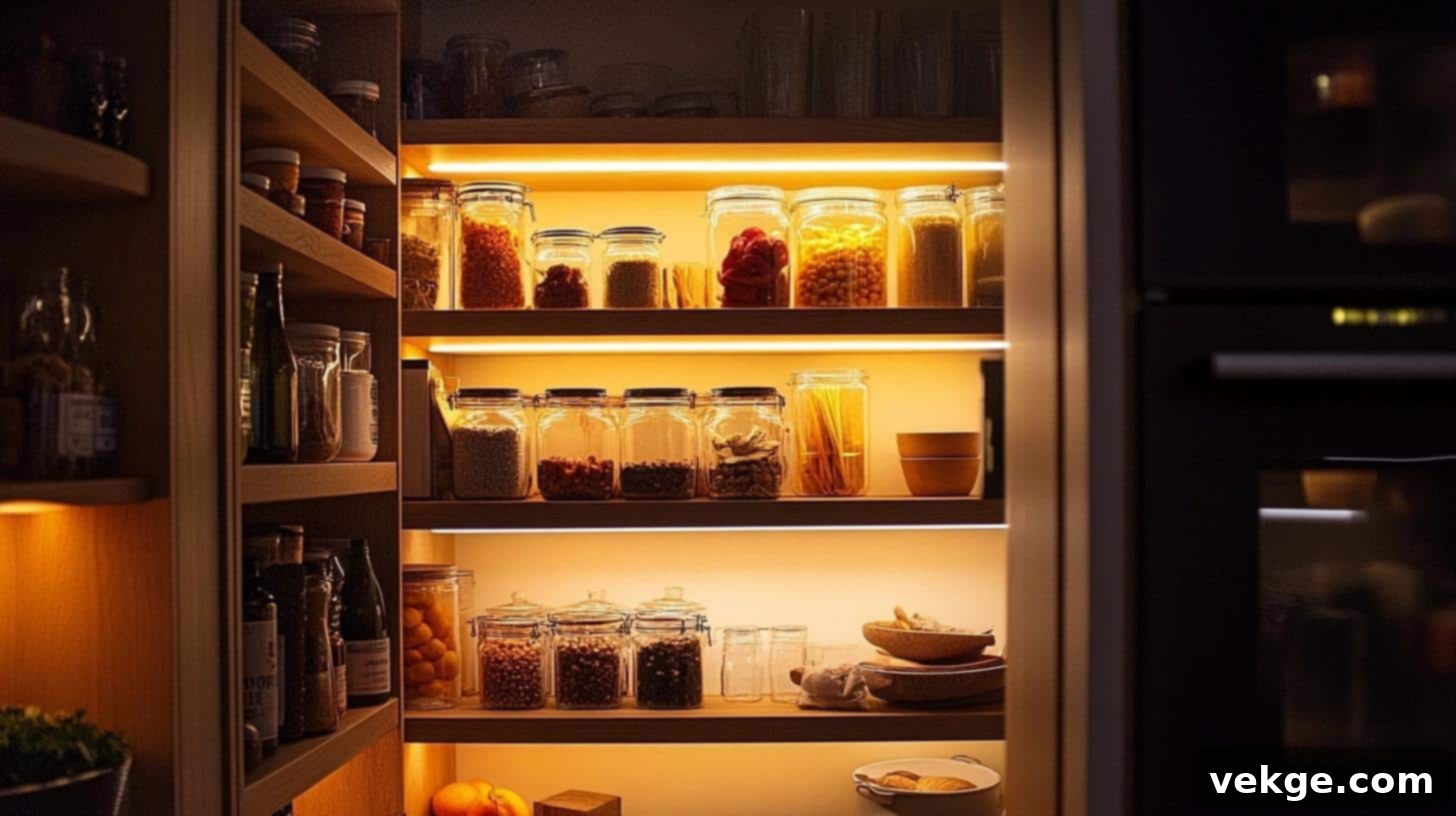 Pantry shelves illuminated with stick-on LED lights under each shelf for better visibility.