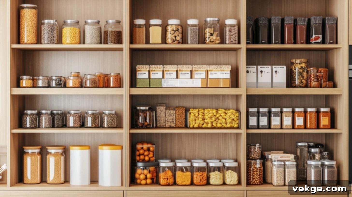 Organized pantry shelf with similar items grouped, tall items at back, and all labels facing forward for quick finds.