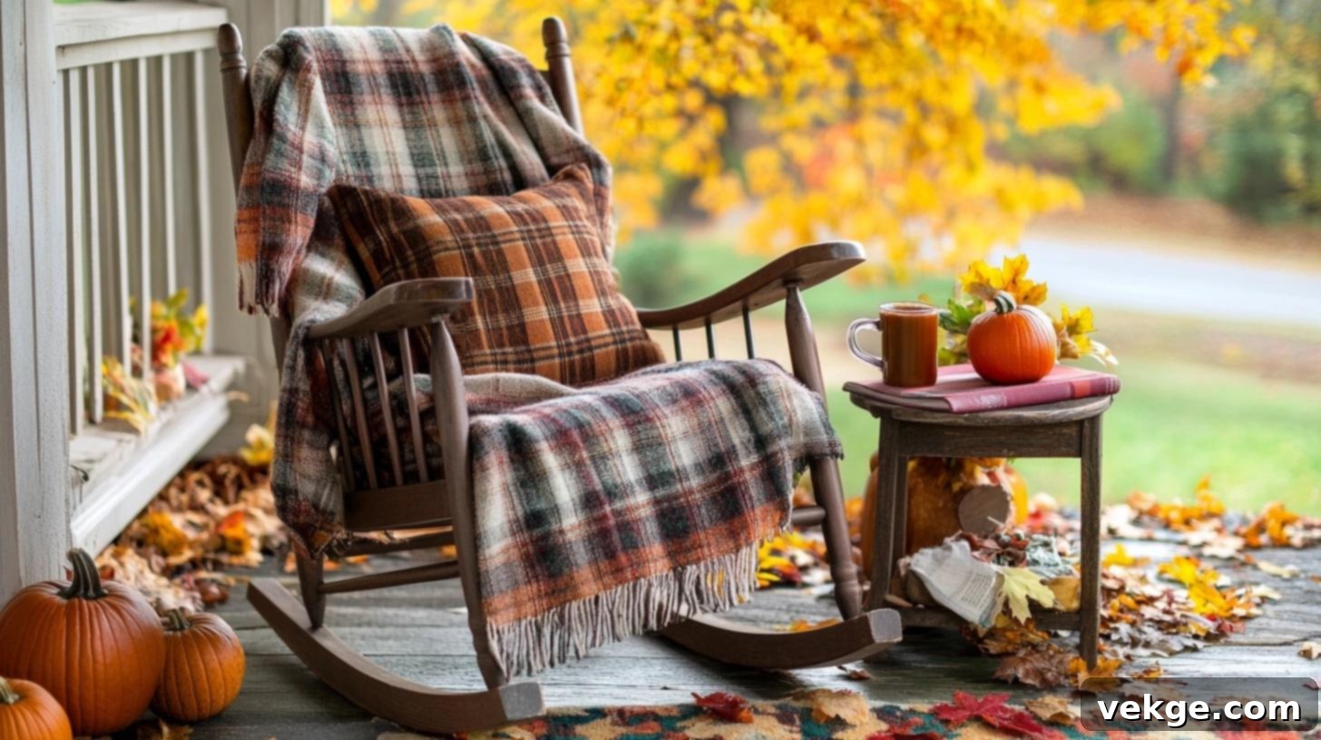 Wooden Rocking Chair with Plaid Cushions for a Cozy Porch