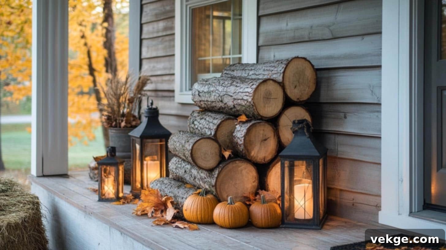Log Stack with Lanterns for Cozy Cabin Porch