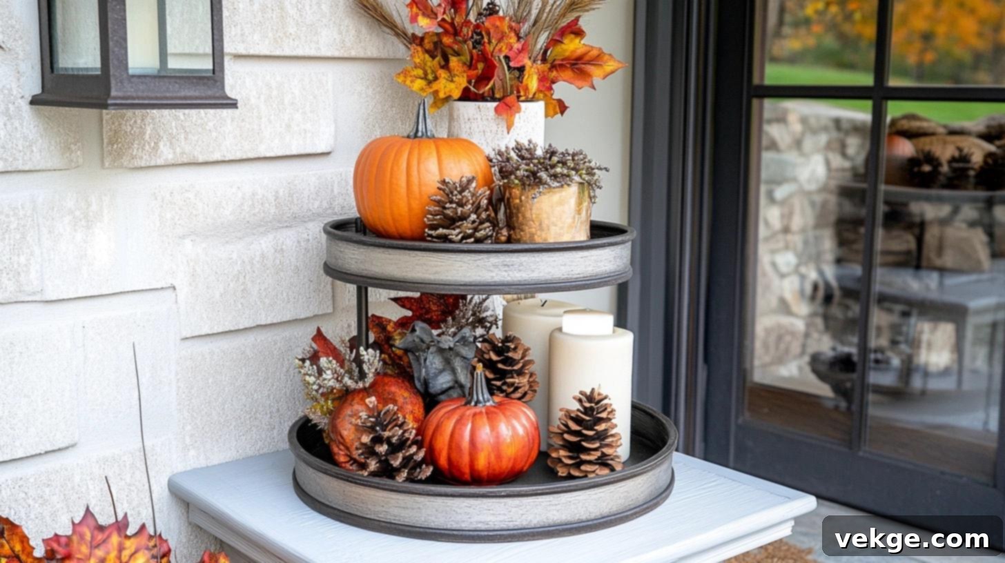 Tiered Tray with Fall Accents for Farmhouse Porch