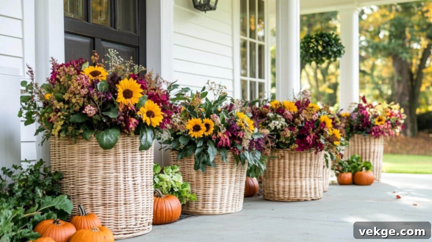 Wicker Baskets with Fall Florals for Porch Decor