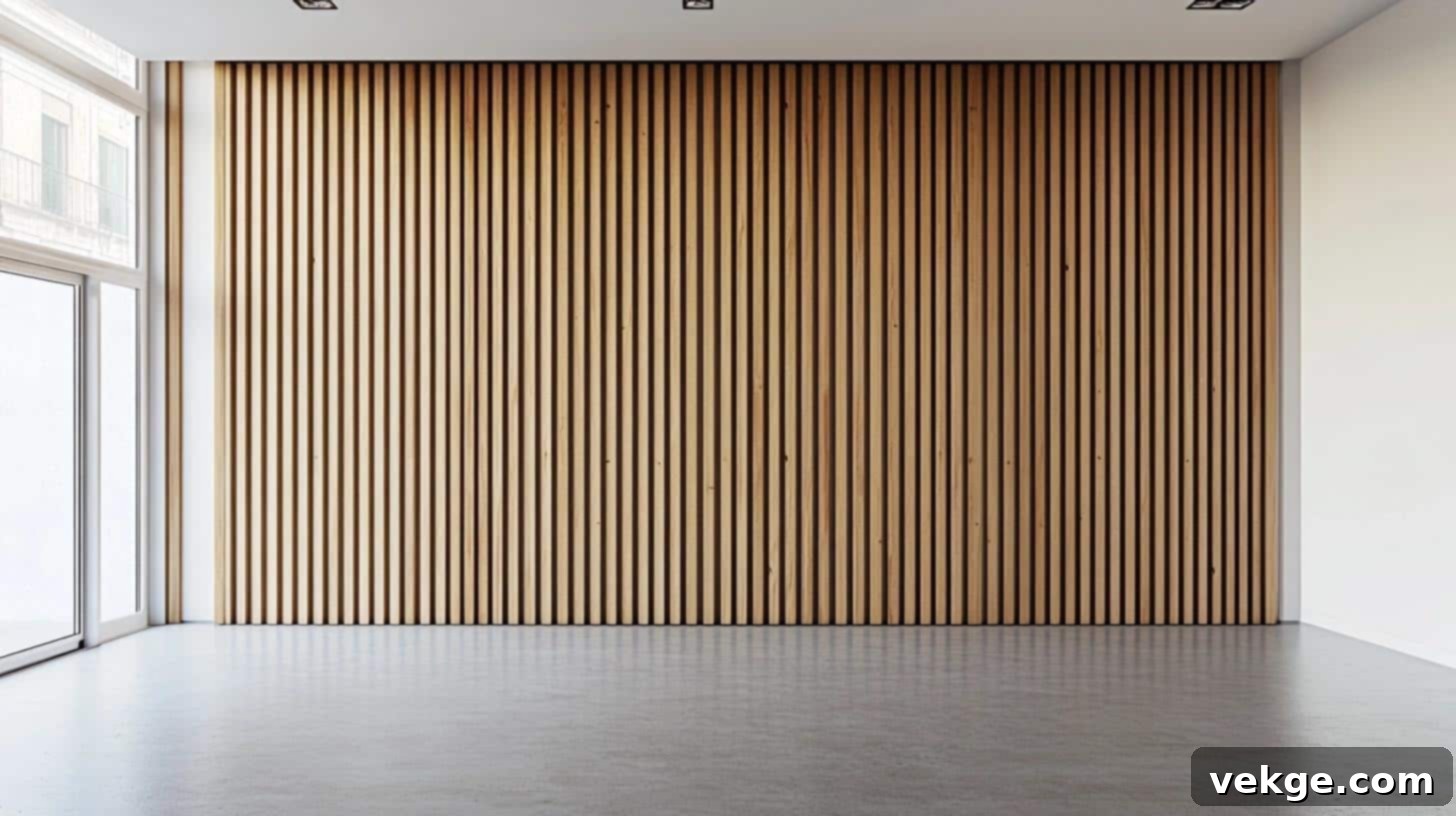 Vertical battens bring height and texture, creating an illusion of higher ceilings. This minimalist design is suitable for hallways and bedrooms.