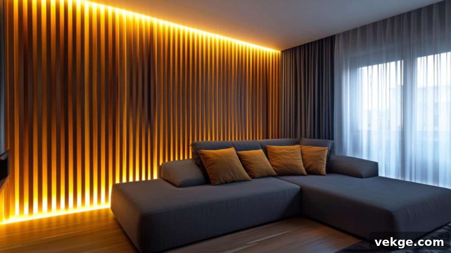 Combining wood trim with integrated LED strip lighting adds texture and soft illumination, enhancing wood's beauty and providing ambient light.