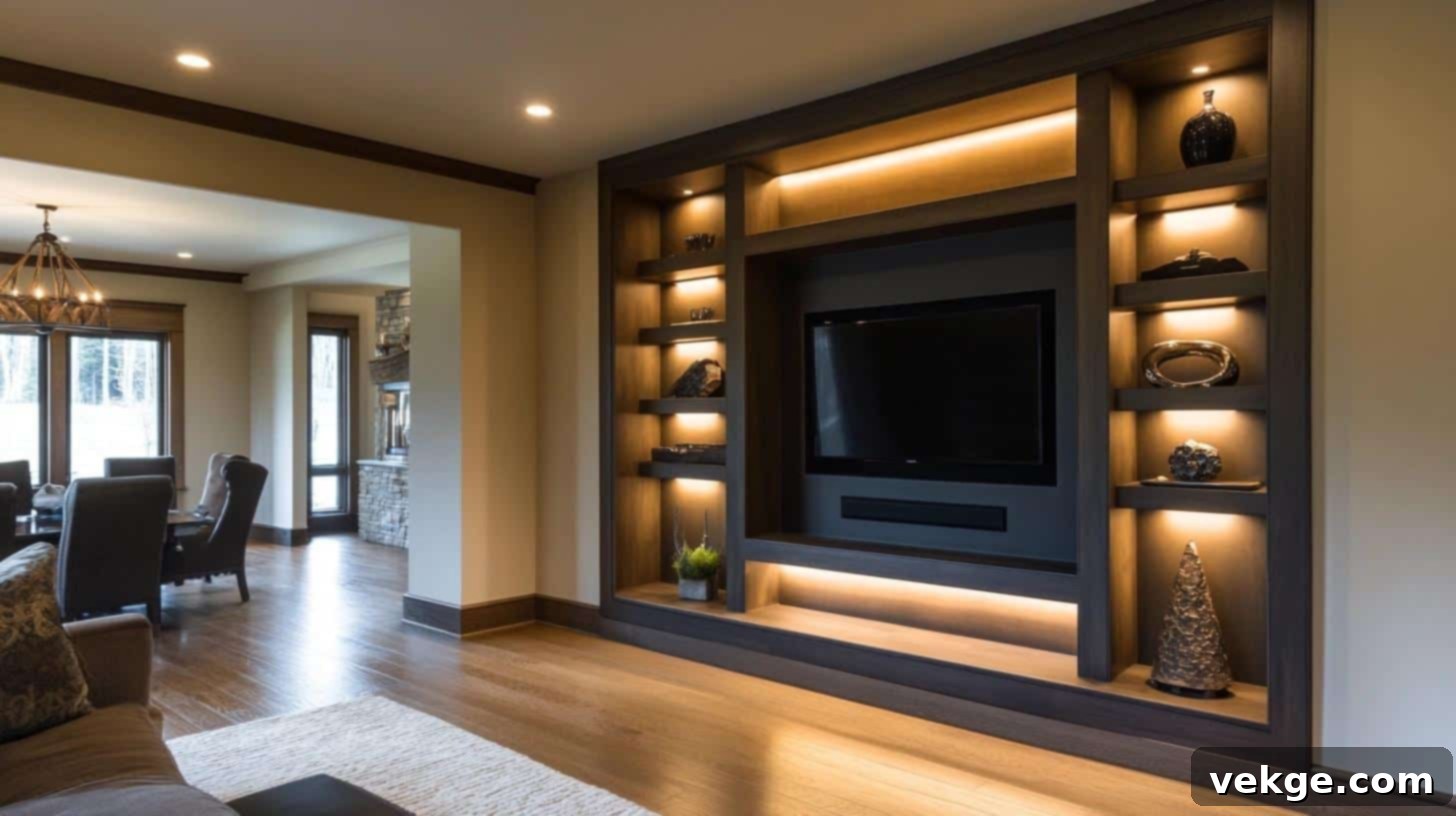 Recessed shelves framed by wood trim blend functionality with style, providing practical storage and decorative touch, ideal for small spaces.
