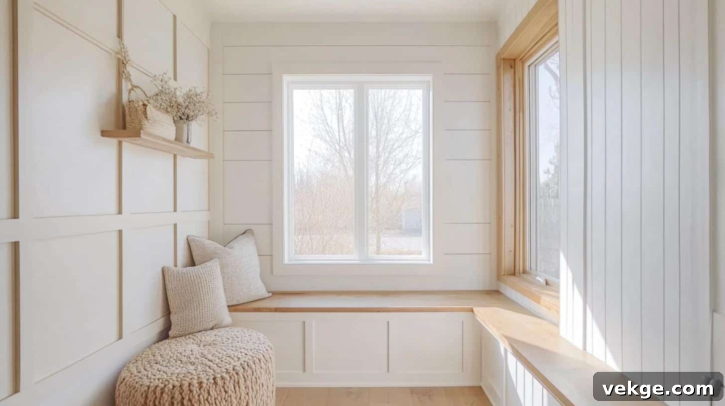 Shiplap provides a cozy, rustic foundation. Overlaid with geometric wood trim, it adds layers and depth, merging farmhouse with modern accents.