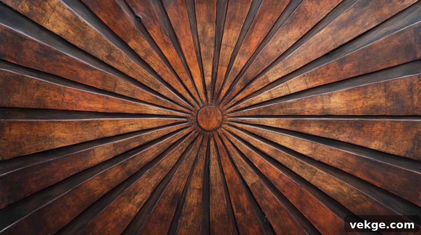 Wood trim arranged to radiate from a central point, forming a sunburst pattern, brings visual interest and energy to a space.