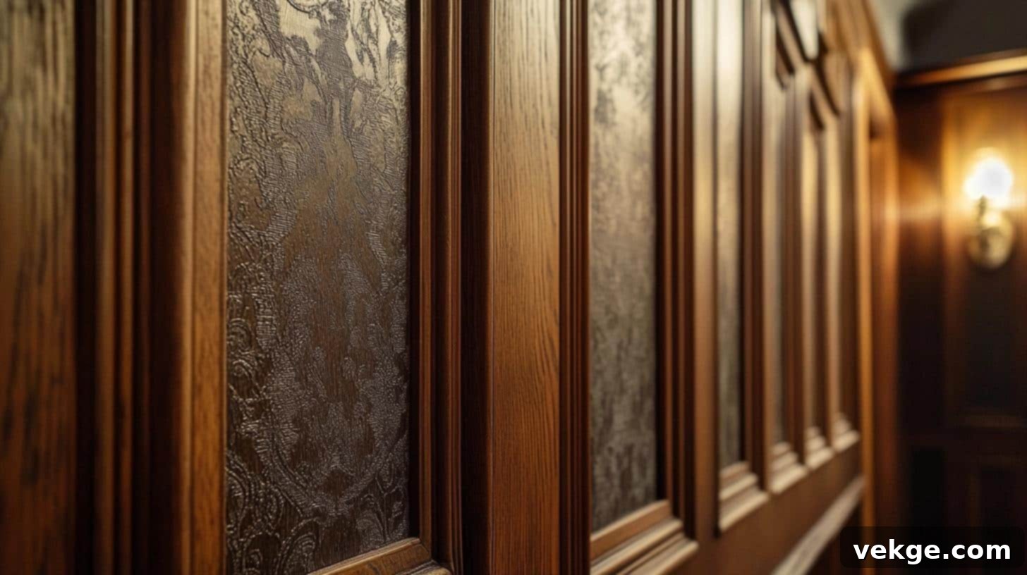 Wood trim frames sections of textured wallpaper, blending natural wood with soft, tactile elements for a dynamic wall design.