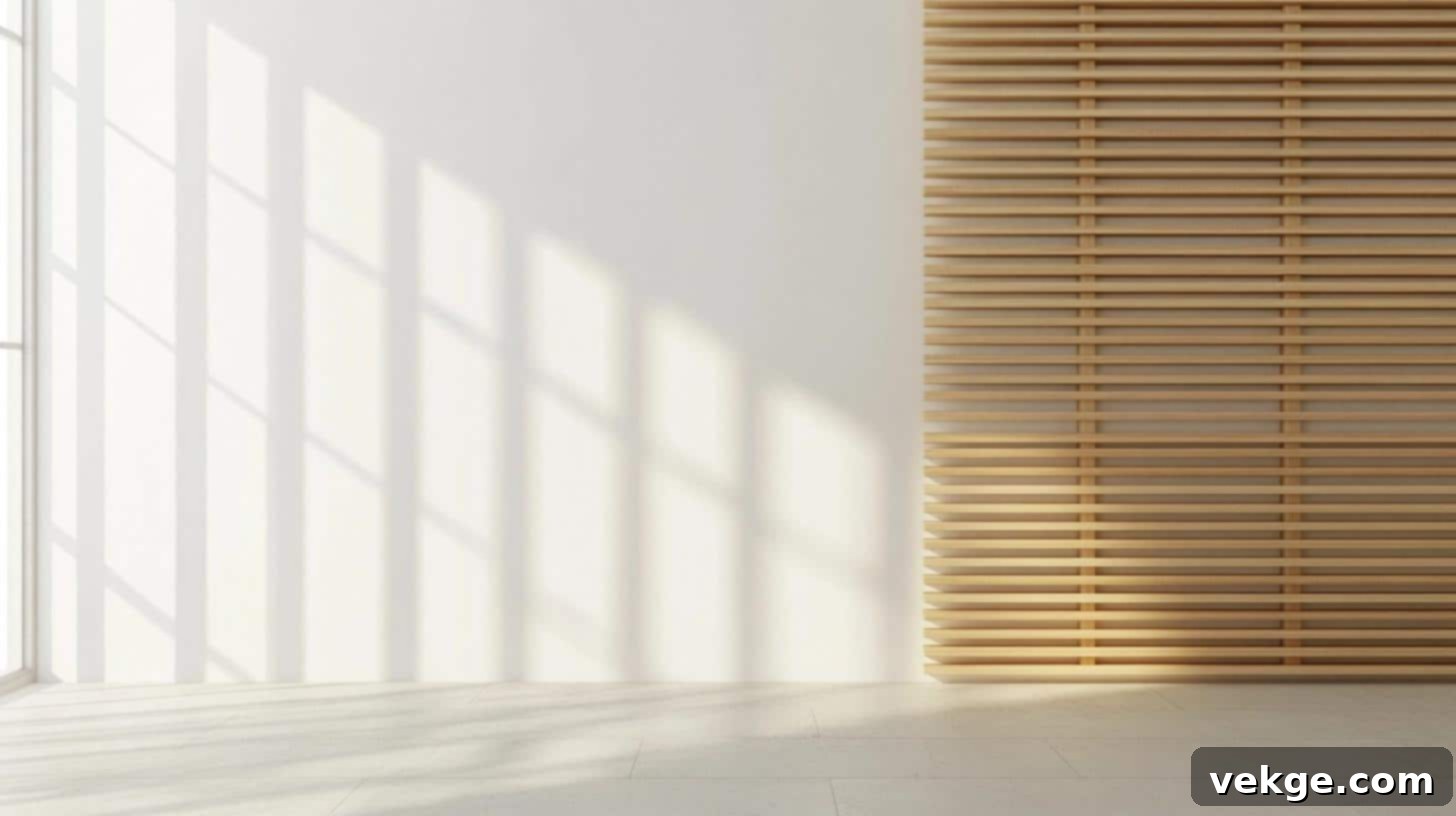 Thin horizontal wooden slats provide a simple, clean aesthetic, emphasizing natural wood texture in a minimalist design.