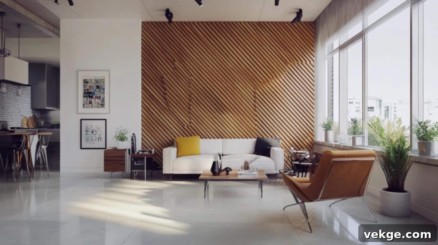 A diagonal slat wall adds a sleek, dynamic touch, creating movement and a modern aesthetic, ideal for contemporary spaces.