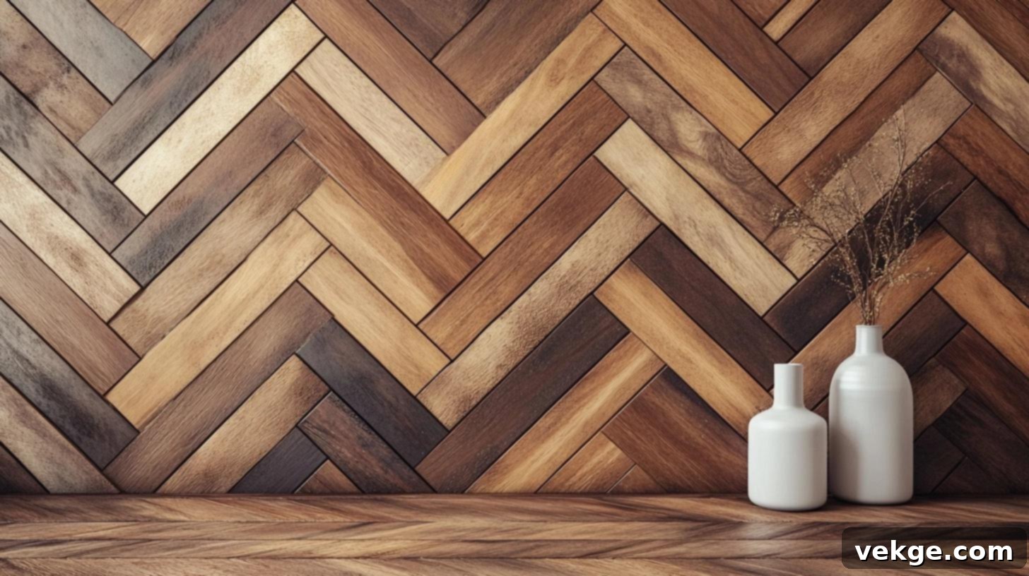 The herringbone pattern, a timeless design, brings warmth and a bold geometric statement to wood trim accent walls.