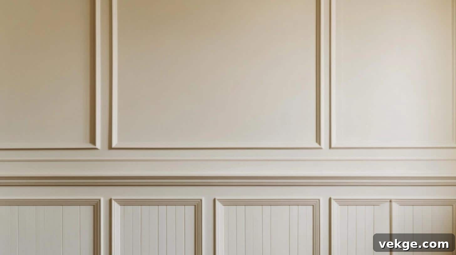 Wainscoting covers the lower half of the wall with wood panels framed by trim molding, creating a refined, elegant look.