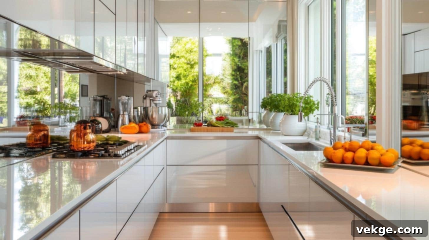 Mirror-Backed Upper Cabinets for Enhanced Kitchen Space