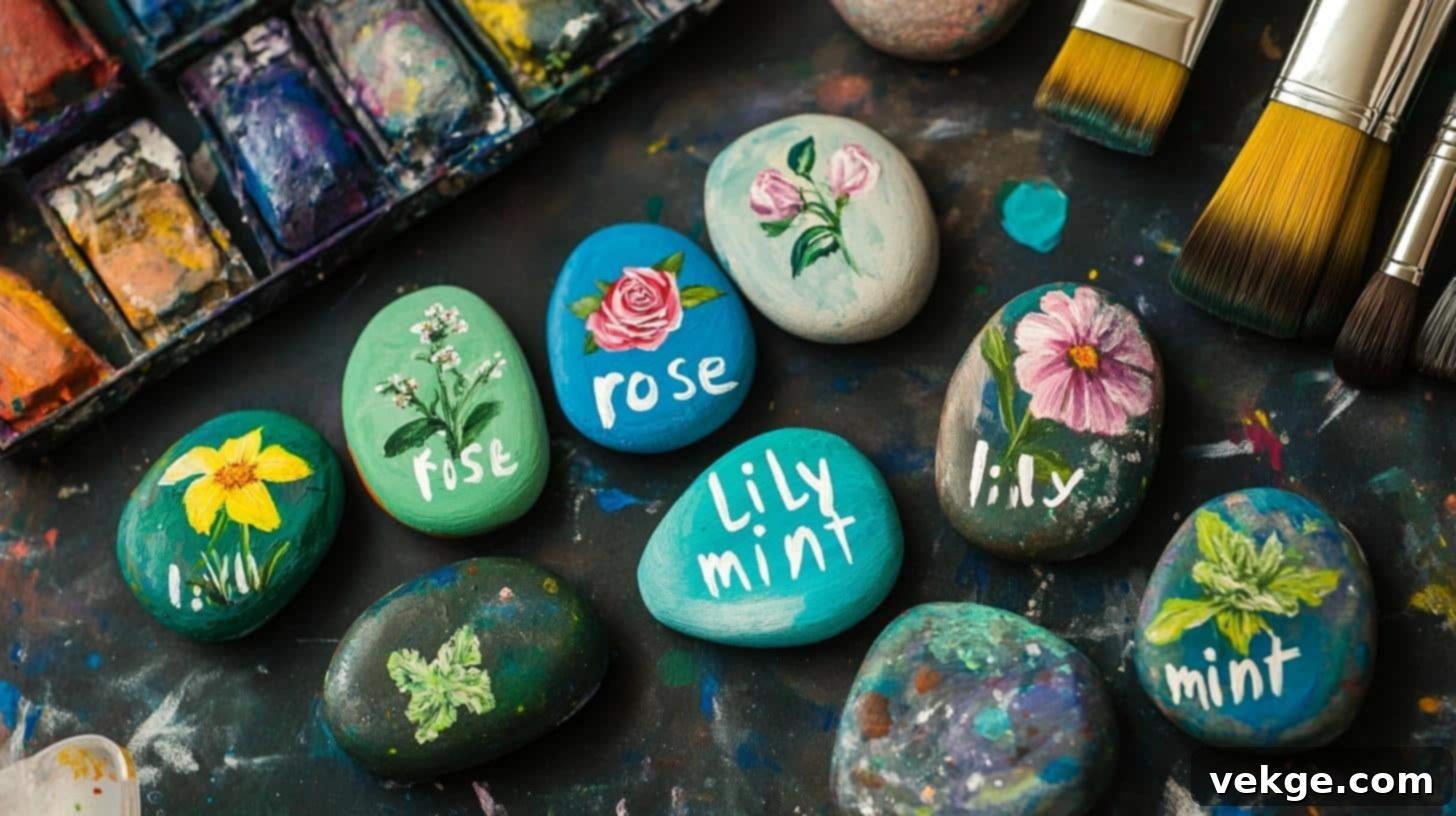 Painted stones with plant names, an eco-friendly DIY plant marker idea.
