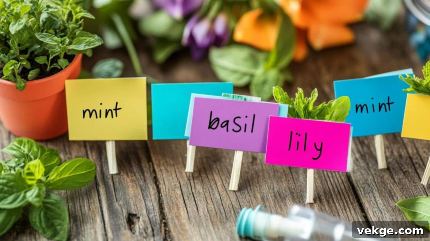 Colorful paint chips covered in clear tape and attached to garden stakes.
