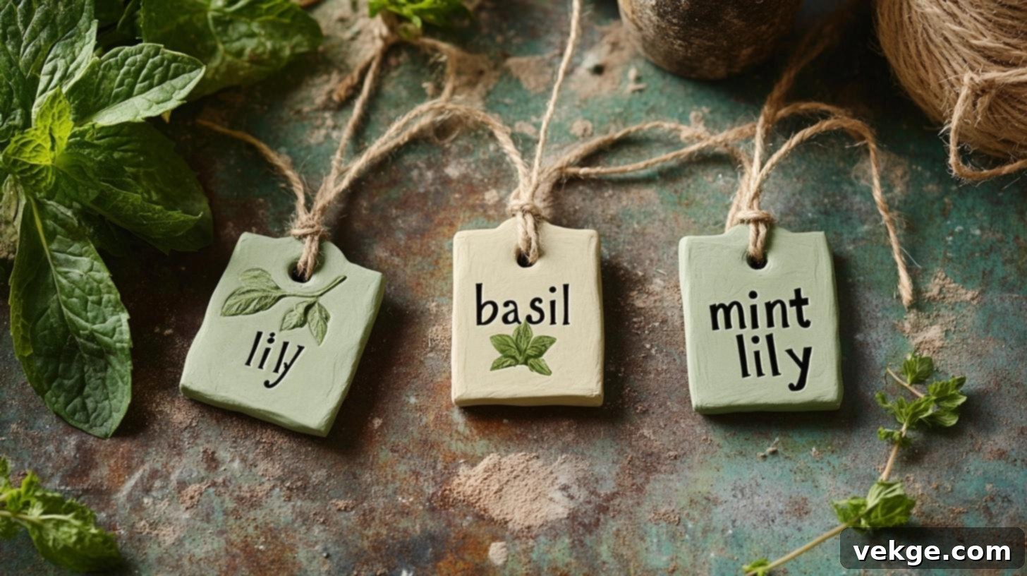 Hand-stamped air-dry clay tags with plant names, tied with twine.