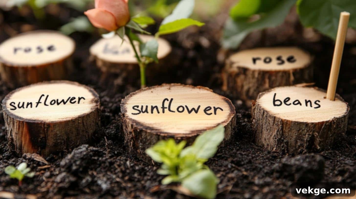 Bamboo slices with plant names etched by a wood burner, an organic garden marker.