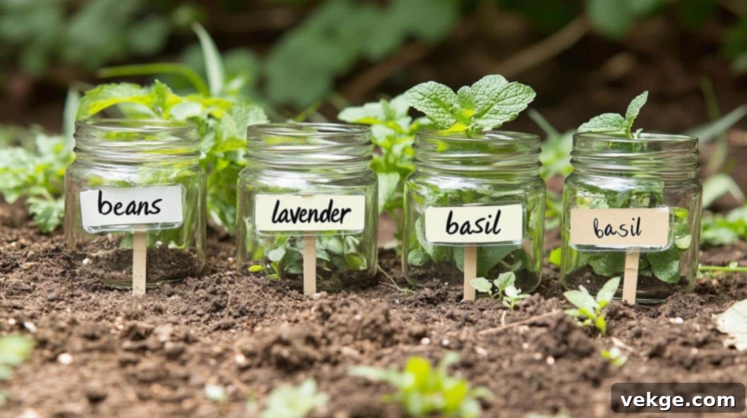 Small glass jars with paper labels inside, attached to wooden stakes.