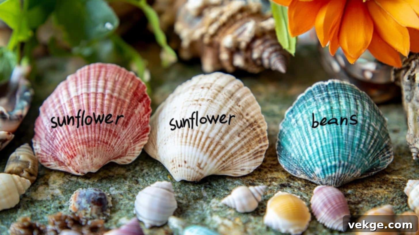 Large shells with plant names painted, used as garden markers.