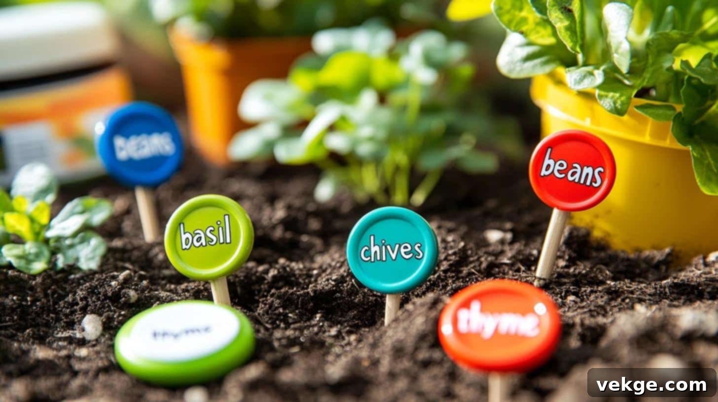 Large buttons painted and glued to wooden stakes as colorful plant markers.