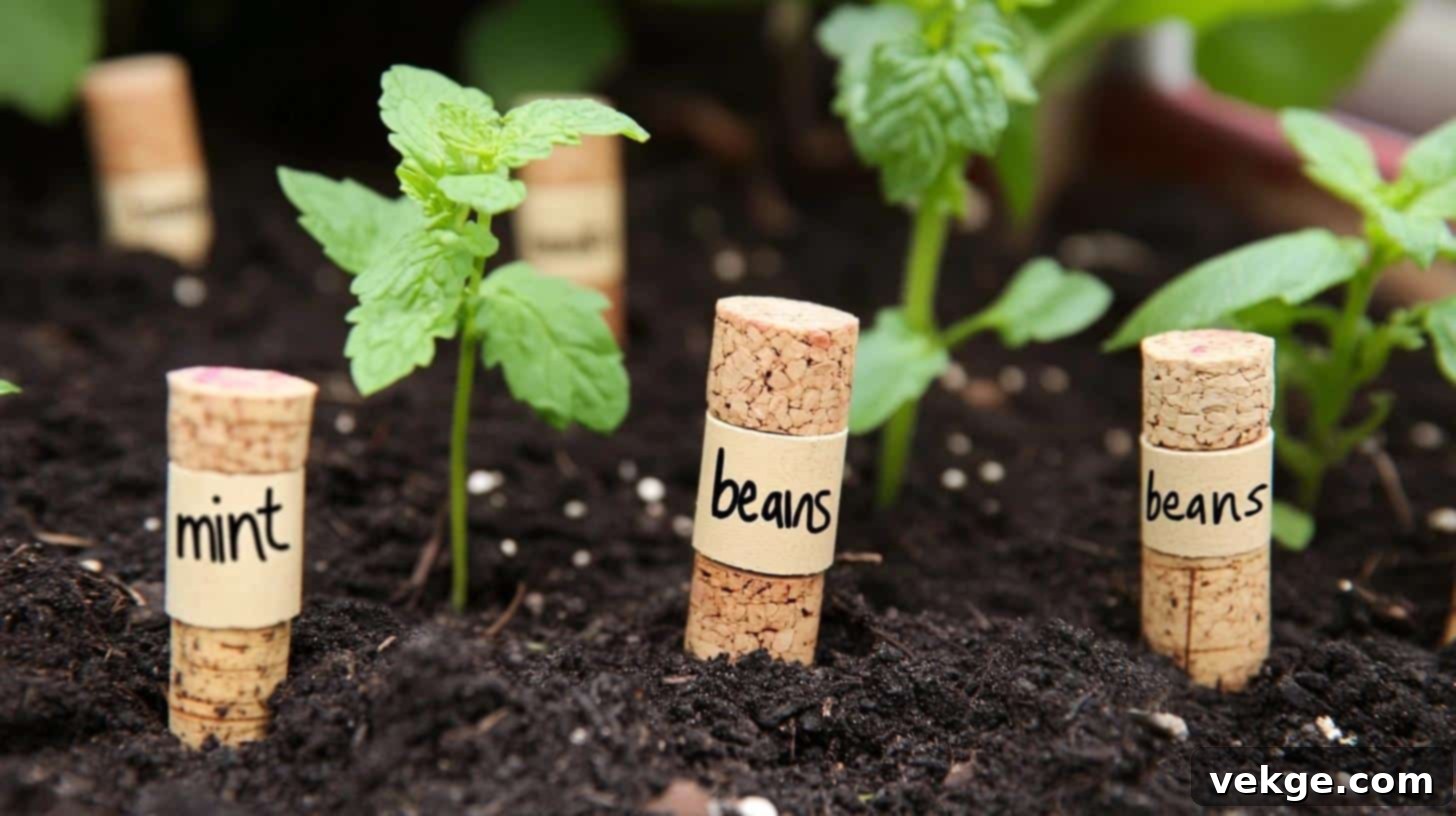 Wine corks with plant names on bamboo skewers, a charming DIY garden label.