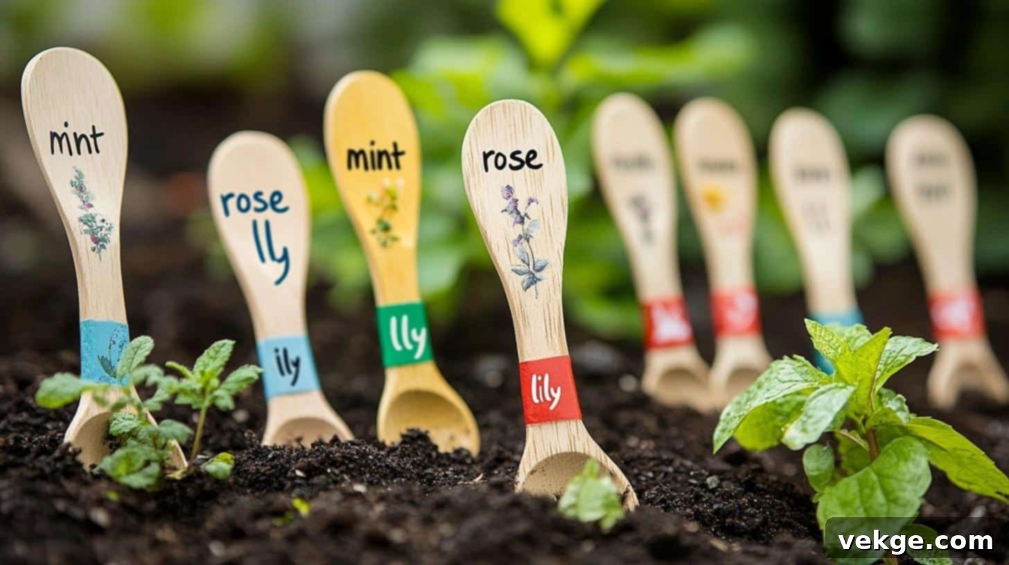 Old wooden spoons painted and labeled as garden markers, a creative upcycling idea.
