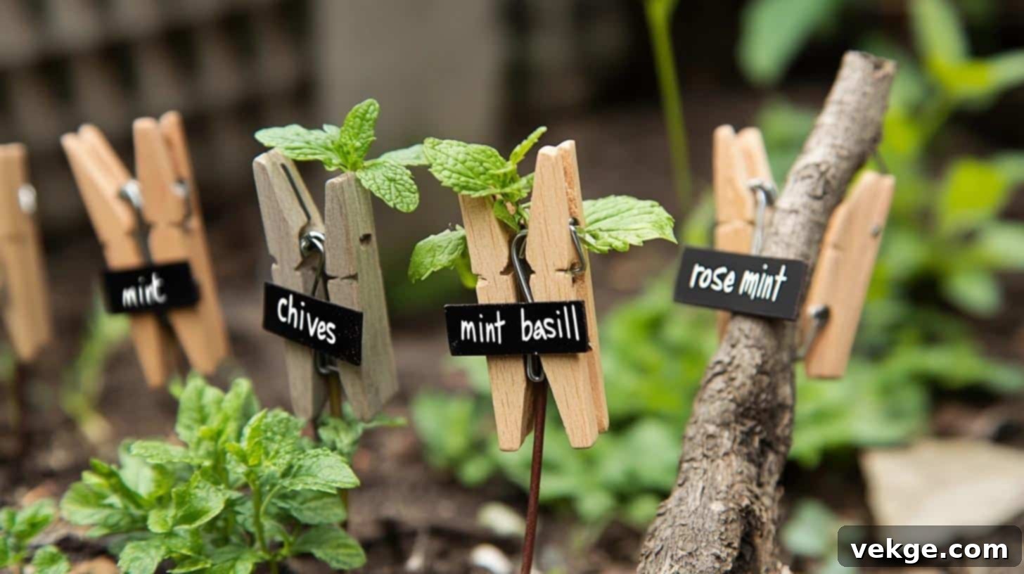 Clothespins painted and labeled as garden markers, attached to plant stakes.
