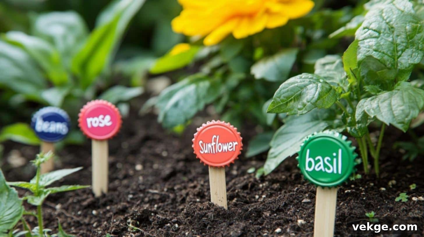 Metal bottle caps nailed to wooden stakes with plant names, an upcycled garden marker.