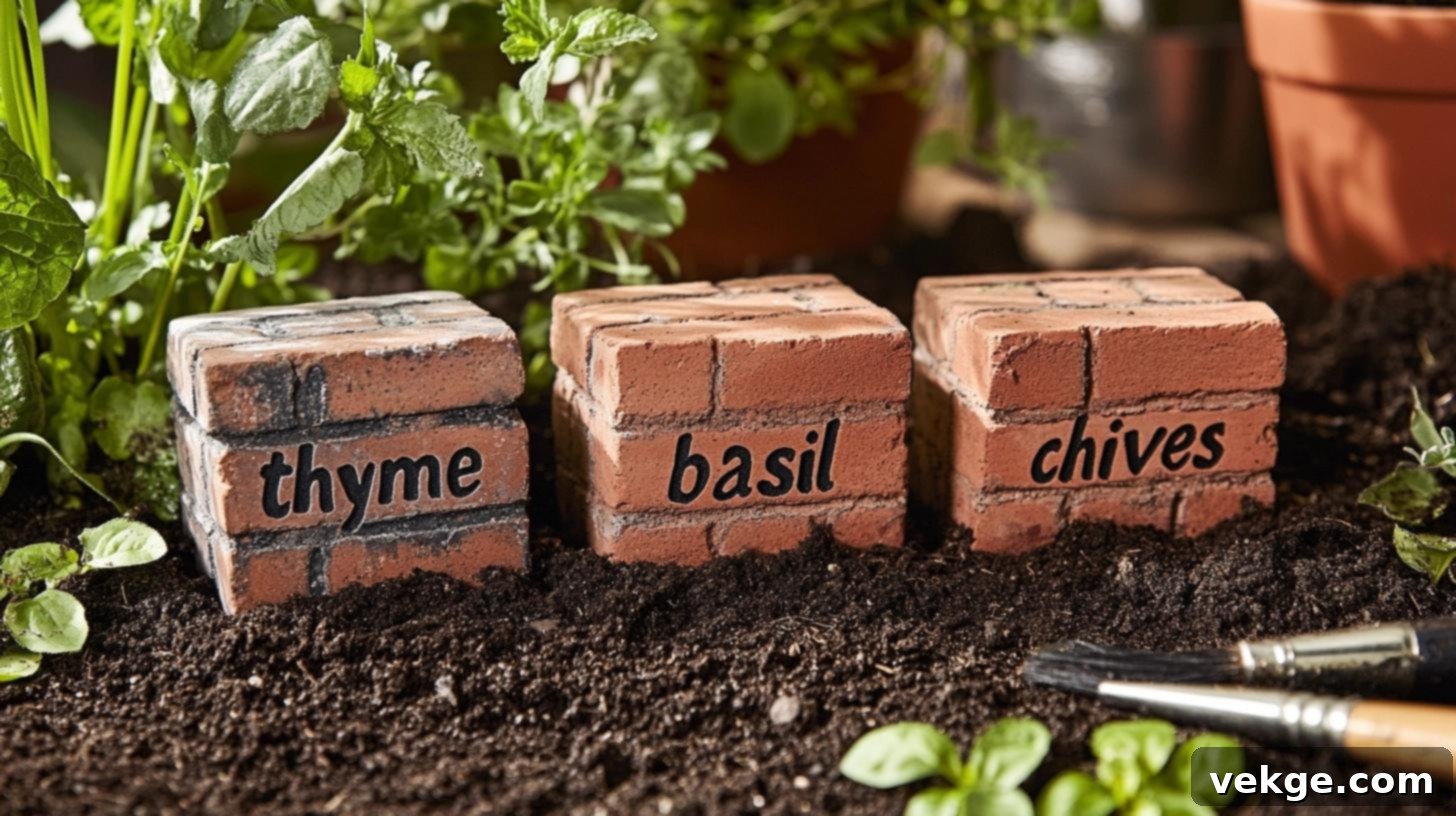 Painted bricks with plant names, a durable and earthy garden marker solution.
