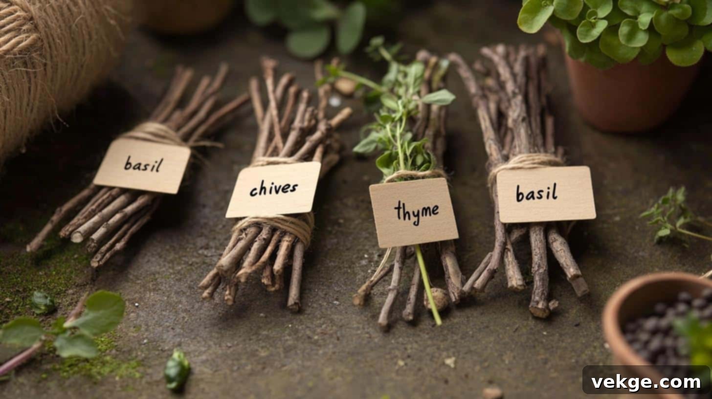 Twigs with card stock tags and twine, a rustic DIY plant label idea.