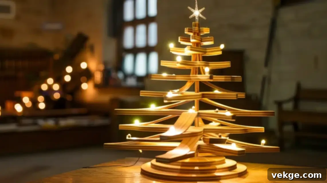 DIY Wooden Christmas Tree with LED string lights illuminating the branches