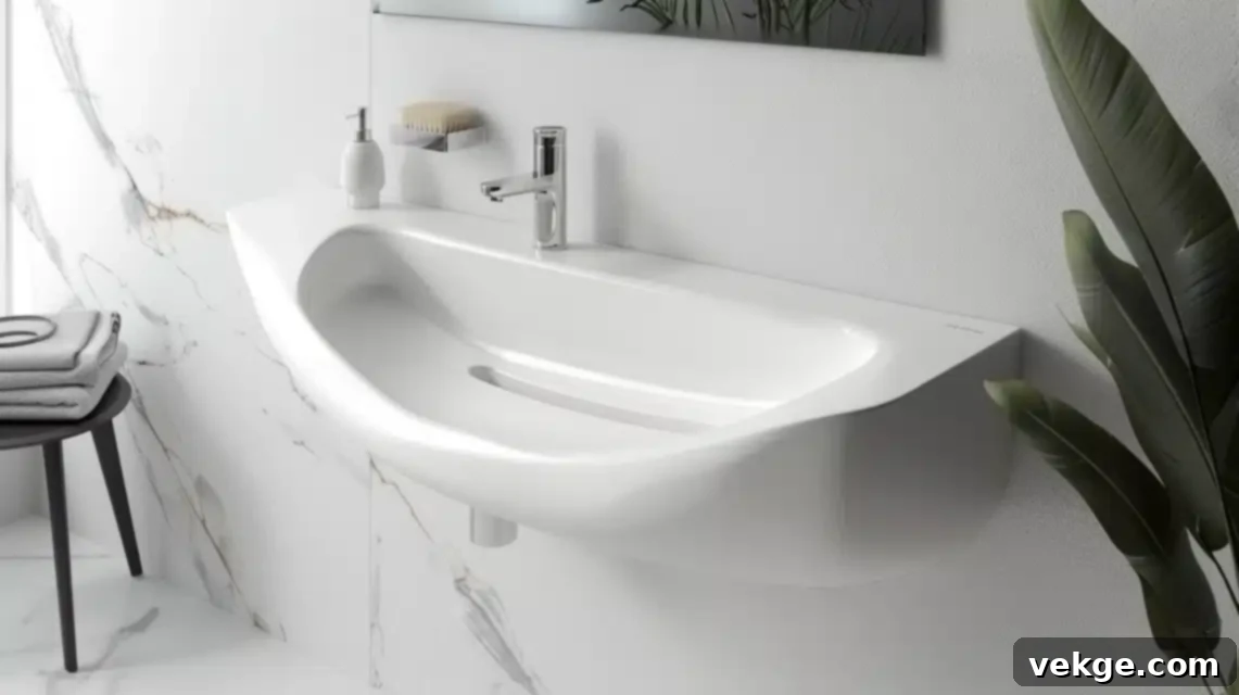 Modern wall-to-wall sink maximizing counter space in a small, minimalist bathroom