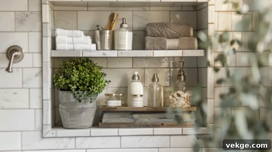 Recessed shower shelves built into a tiled shower wall for convenient storage