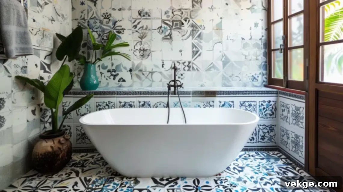 Elegant bathroom showcasing a unique, patterned statement tile on the floor and lower walls