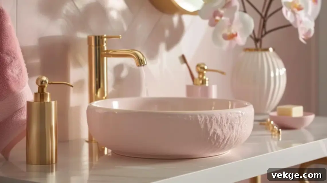 Small bathroom with soft pink walls and elegant gold fixtures creating a luxurious feel