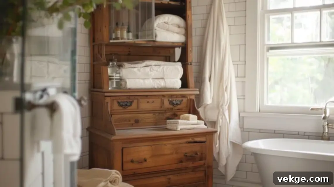 Charming small bathroom with a vintage hutch providing open storage and character