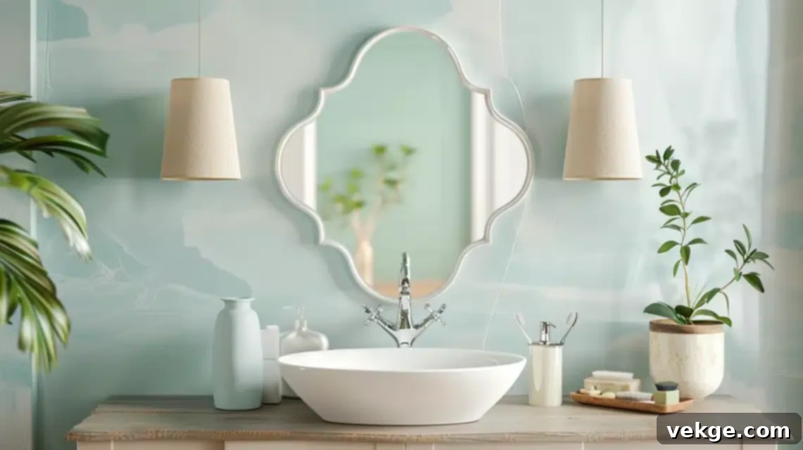 Large, ornate mirror serving as a statement piece above a sink in a small bathroom