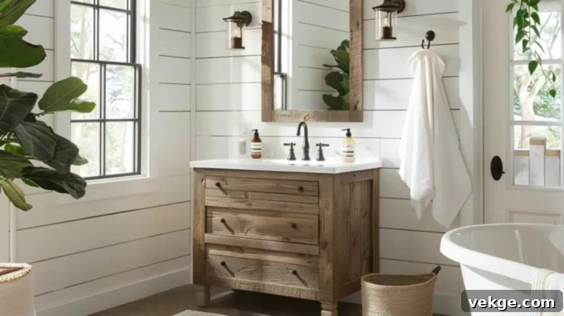 Rustic wooden vanity adding texture and warmth to a small, modern bathroom
